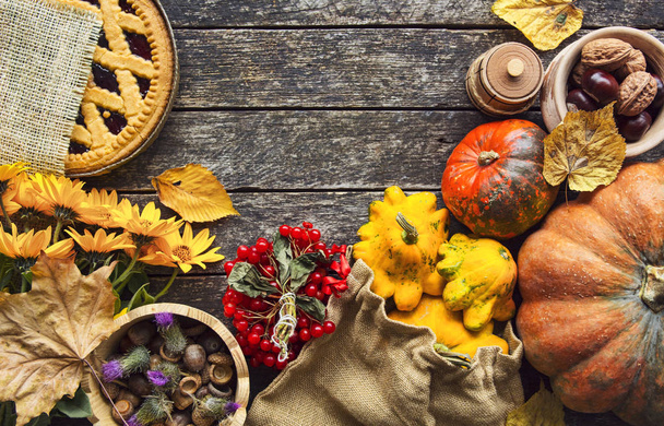 Happy Thanksgiving day concept - traditional holiday food with pumpkins on old wooden. - Photo, image