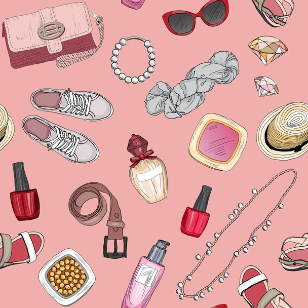 Seamless pattern with cosmetics and accessories - Vektor, Bild