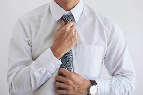 Close up of Young attractive businessman wears a gray tie and ad - Foto, Imagem