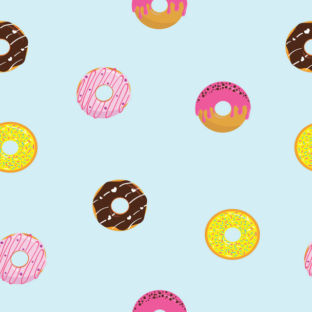 Seamless cartoon glazed sweet donuts on the blue background. Colorful dessert with chocolate and sugar. Vector illustration. - Vektor, obrázek