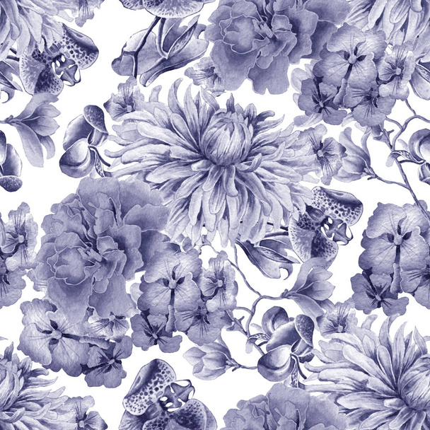 Seamless pattern with flowers. Dahlia. Marigold. Orchid. Watercolor illustration. - Photo, image