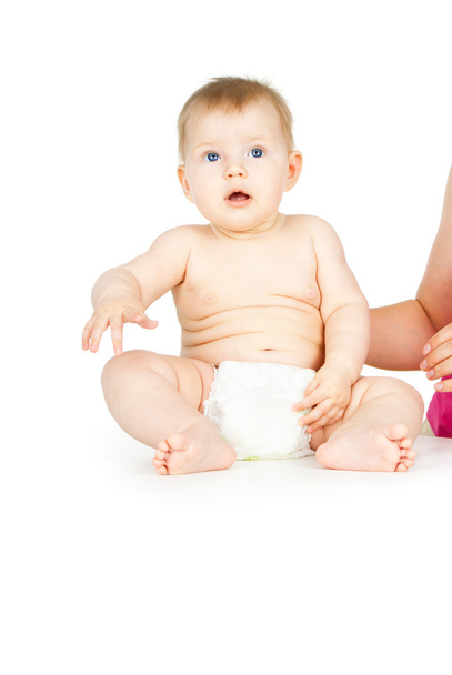 baby sitting naked in a diaper - Photo, Image