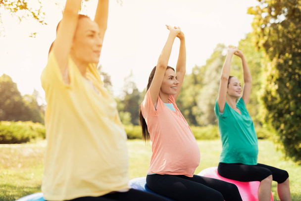 Three pregnant women are sitting in a park on yoga balls with their hands up - Zdjęcie, obraz