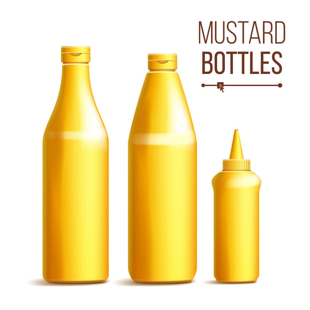 Mustard Bottle Set Vector. 3D Realistic Blank. Plastic Yellow Mustard, Sauce Bottles. Mock Up Good For Branding Design. Isolated On White Background Illustration - Vector, Image