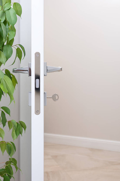 Closeup of the door lock with the key. Modern chrome handles - Φωτογραφία, εικόνα