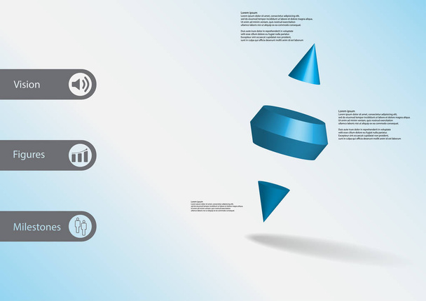 Modelo de infográfico de ilustração 3D com dois cones de espiga divididos em três partes dispostas
 - Vetor, Imagem