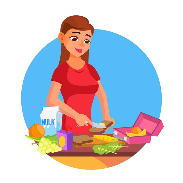 Boîte à lunch vecteur. Femme faisant un délicieux déjeuner végétarien. Nourriture saine. Mère faisant le petit déjeuner pour ses enfants. Illustration de dessin animé plat
 - Vecteur, image