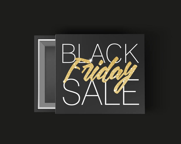 Black friday sale banner. Package. Vector illustration. Black empty box mock up on dark gray background. Top view - Vector, imagen