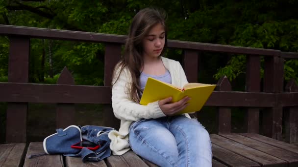 Portrait of serious teenage girl reading book and turning page leaning sitting on the bench in forest in spring, studying outdoor. HD video footage shooting of static camera. - Metraje, vídeo