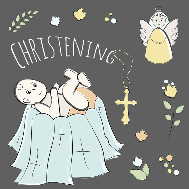 Baptism of the child in the church, christening. Vector set of isolated elements, drawn by hand. Used for postcards, congratulations, wallpapers, prints, backgrounds. - Vector, Image