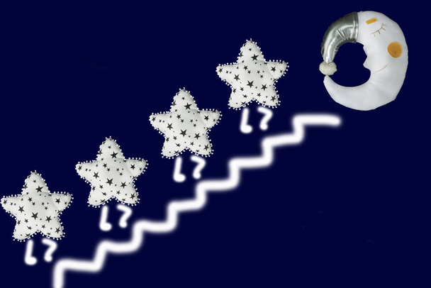 White star go up the stairs to sleeping moon in silver bonnet on navy blue background - Photo, Image