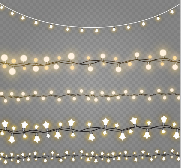 Weihnachtsbeleuchtung isoliert auf transparentem Hintergrund. xmas glühende Girland.Vektor Illustration - Vektor, Bild