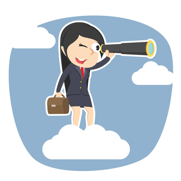 businesswoman on clouds looking through monocular - Vector, Image