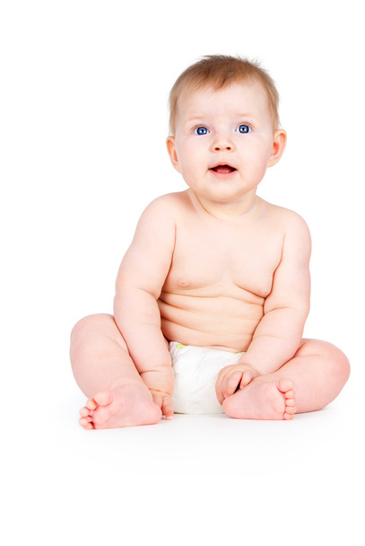 bebé desnudo feliz en pañales
 - Foto, Imagen