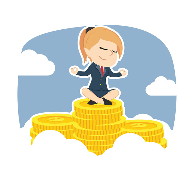 бизнесвумен медитирует на вершине пика монет
 - Вектор,изображение