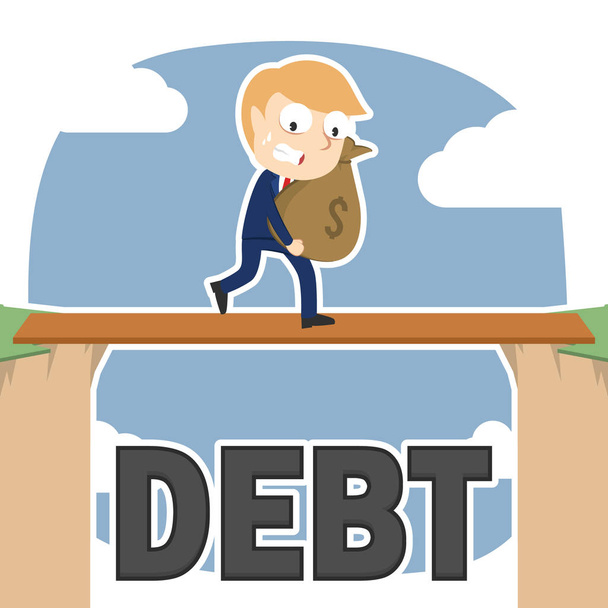 Geschäftsmann trägt Geldsack zwischen Schuldenklippe - Vektor, Bild