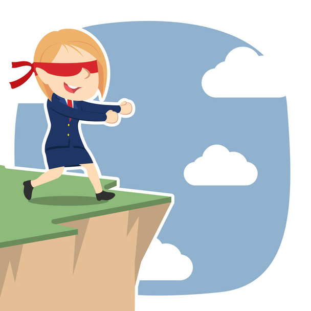 blindfolded businesswoman walking to cliff edge - Vector, Image