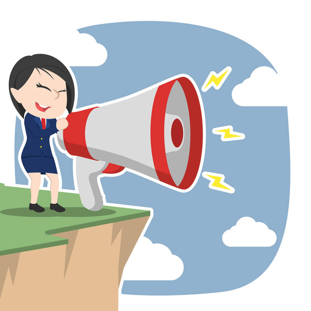 asian businesswoman shouting with big megaphone on cliff edge - Vector, Image