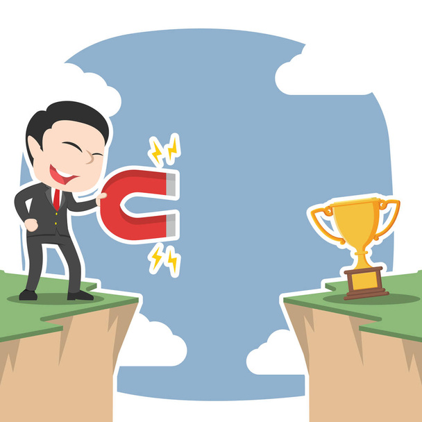 asian businessman attract trophy from other side of cliff - Vector, Image