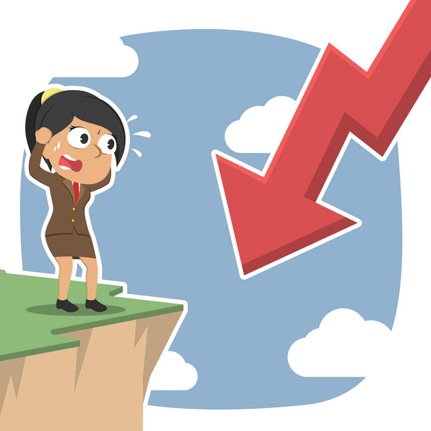 indian businesswoman shock see downward arrow from cliff edge - Vector, Image