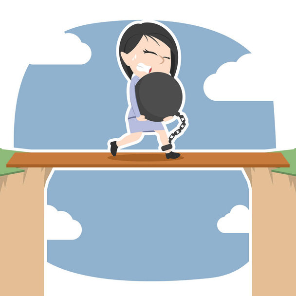 обремененная азиатской предпринимательницей, идущей по доске между скал
 - Вектор,изображение