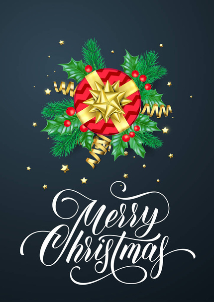Joyeux Noël carte de vœux de décoration dorée et ruban cadeau en or arc sur fond noir confettis scintillant. Modèle vectoriel de conception de lettrage calligraphie Noël ou Nouvel An hiver
 - Vecteur, image