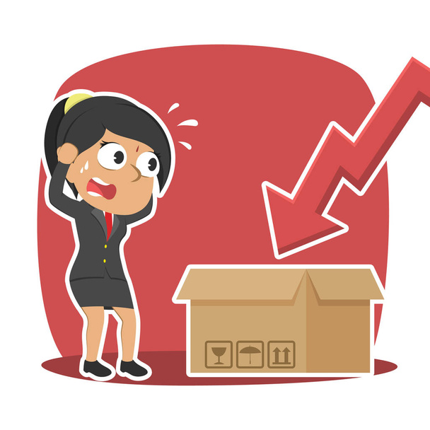 indian businesswoman panic see downward graph to the box - Vector, Image