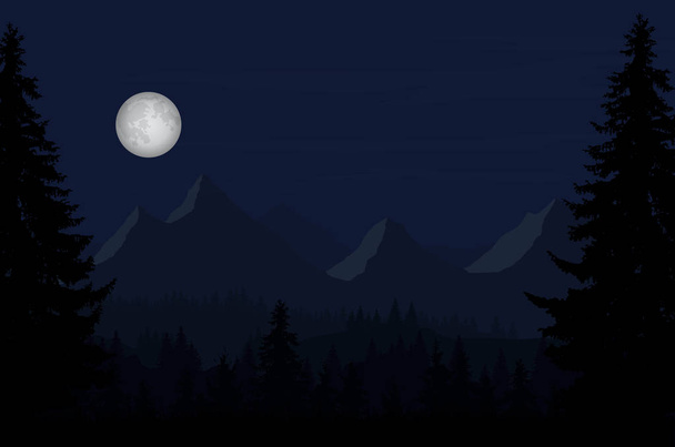 Ilustración vectorial de un paisaje montañoso nocturno con un bosque y luna llena bajo un cielo azul con nubes
 - Vector, imagen