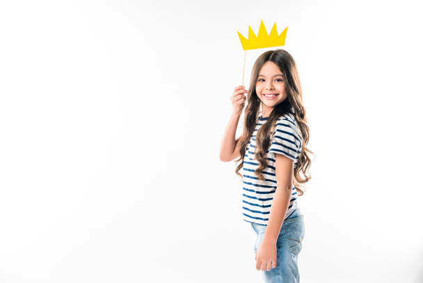 kid with paper crown on stick - Photo, Image