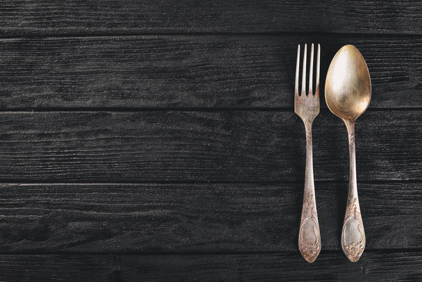 Cutlery. Vintage On a wooden background. Top view. Free space for text. - Valokuva, kuva