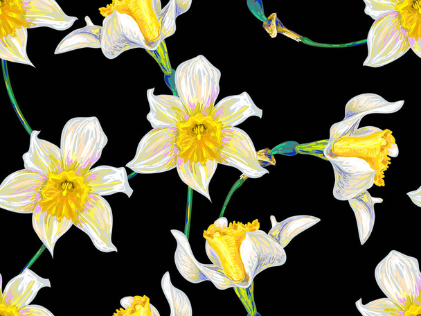 Seamless spring white narcissus floral pattern. Vector background - Vetor, Imagem