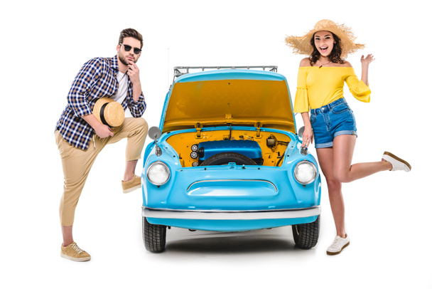 couple with luggage standing by car - Foto, Imagem