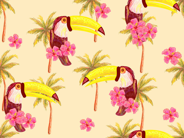 Patrón de selva inconsútil con aves exóticas tucanas, palmeras, fondo de vector de flor de hibisco tropical
 - Vector, imagen
