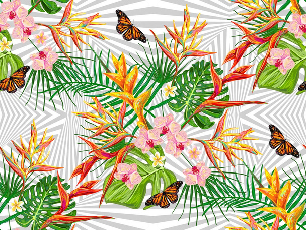 Seamless tropical pattern with exotic leaves, flowers, butterflies vector background - Вектор,изображение