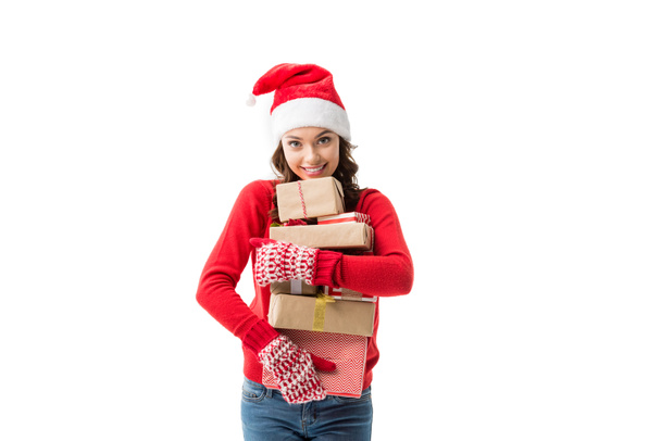 Kobieta trzyma stos prezenty świąteczne - Zdjęcie, obraz