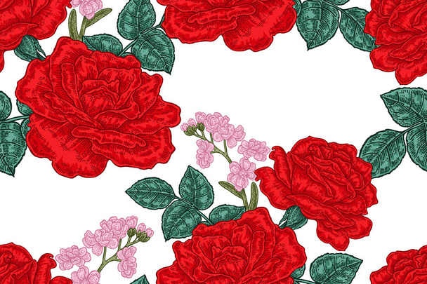Wzór z kwiatów róży czerwony na białym tle. Ilustracja wektorowa, tkaniny, opakowania, wyroby włókiennicze i karta projekt - Wektor, obraz