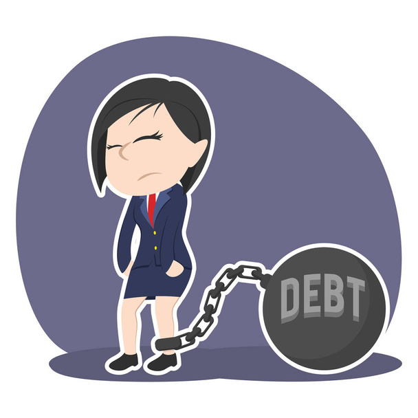 asiatische Geschäftsfrau mit Schulden Eisenkugel gebunden - Vektor, Bild