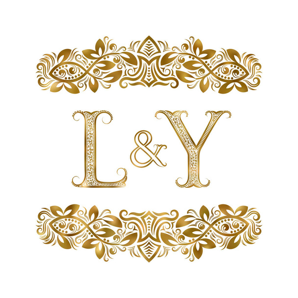 L и Y винтажные инициалы логотип символа. Буквы окружены декоративными элементами. Монограмма о свадьбе или деловых партнерах в королевском стиле
. - Вектор,изображение