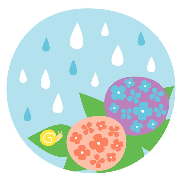 Japanische Regenzeit im Juni, japanische Hortensien und eine Schnecke, Illustration - Foto, Bild