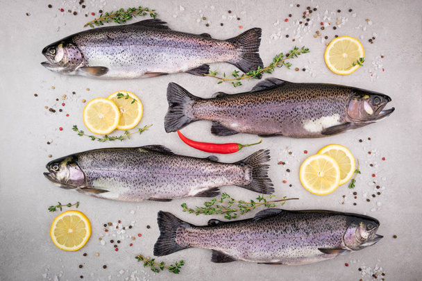 Taze balık. Tuz, limon, kekik, baharatlar ve otlar gri arka plan üzerinde alabalık. Otlar ile Balık Pişirme - Fotoğraf, Görsel