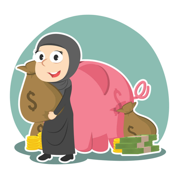 mujer de negocios árabe sosteniendo saco de dinero detrás de alcancía
 - Vector, Imagen