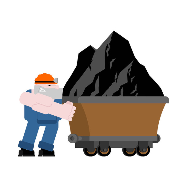 Miner and trolley of Coal. Mining Extraction mineral. Vector ill - Vector, Image