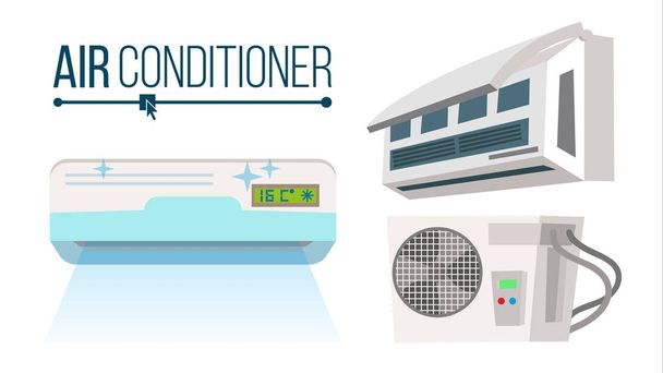 Conjunto de ar condicionado Vector. Escritório de diferentes tipos, sistema de condicionador de casa. Ilustração isolada lisa dos desenhos animados exteriores, internos
 - Vetor, Imagem