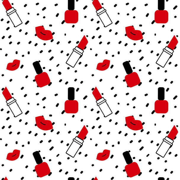赤い唇、口紅やマニキュアで白い背景シンプルな抽象的なシームレスなベクトル パターン図に描かれた黒い紙吹雪を手します。 - ベクター画像