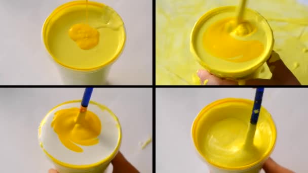 λευκό χρώμα χύνεται κίτρινο χρώμα χρωστική ουσία αναμιγνύεται αναδεύεται ταραγμένος - Πλάνα, βίντεο
