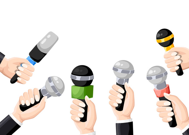 Microphones in reporter hands. Set of microphones isolated on white background. Television, interview. blog Flat vector illustration. Web site and mobile app blogging - Vector, Image