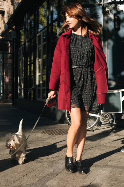 Portret van mooie jongedame in zwarte jurk en jas lopen op stad straat met haar schattige kleine hond - Foto, afbeelding