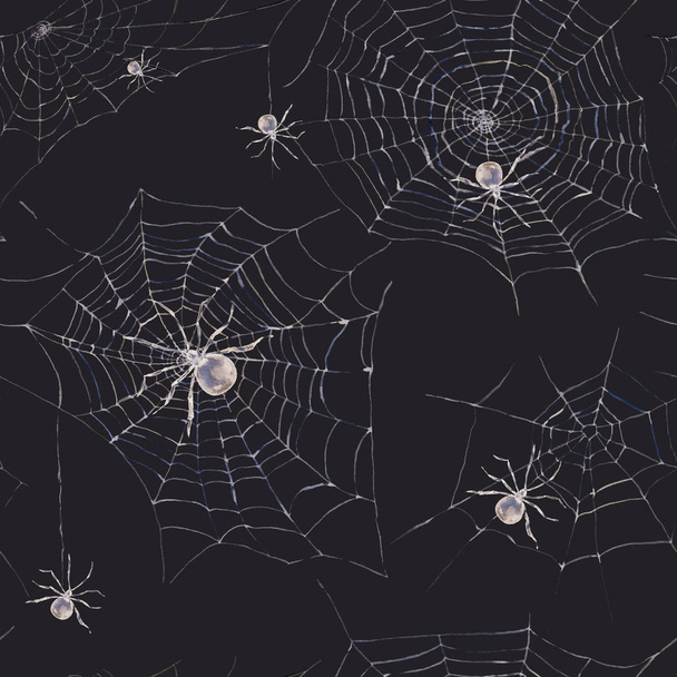 Watercolor seamless pattern with black spider and web - Photo, Image