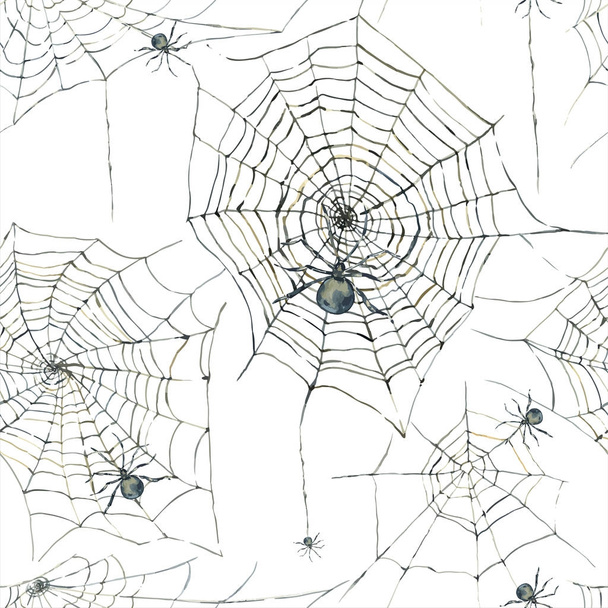 Halloween seamless pattern with black spider and web - Vector, Image