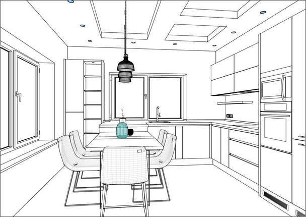 3D vektör kroki. Ev iç modern mutfak tasarımı.  - Vektör, Görsel